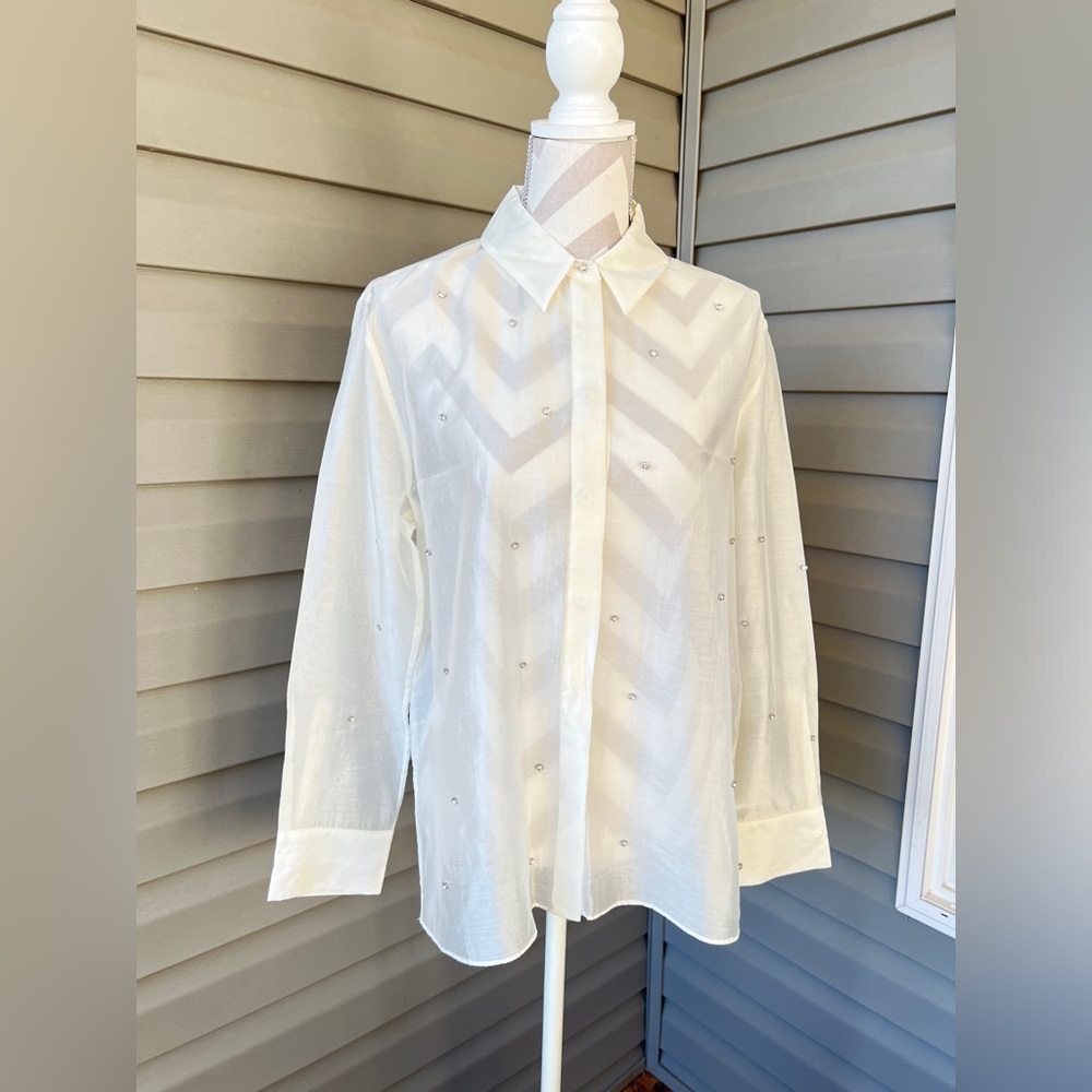 NWT!! Zara Oyster White Ecru Semi Sheer Shirt Blouse With Jewels Size L - Picture 4 of 14